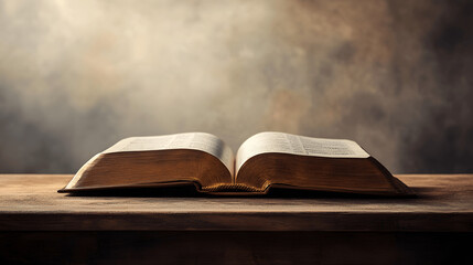 Open Book of Mormon on wooden table with serene backdrop