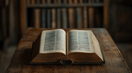 Open Book of Mormon on wooden table with serene backdrop