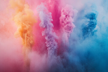 Naklejka premium Columns of vibrant pink, orange, and blue smoke rise against a soft background, blending to create a surreal and dreamy atmosphere