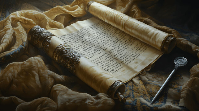 Open Torah scroll with Hebrew script on velvet cloth and silver yad