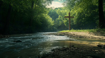 Serene river flowing through lush forest with wooden cross on small hill