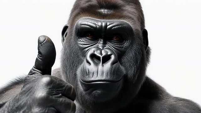 A gorilla enthusiastically shows a thumbs up gesture, displaying its strong physique and expressive face in a well-lit environment.
