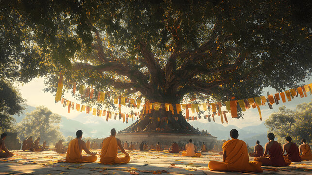 Serene depiction of sacred Bodhi Tree in Bodh Gaya with prayer flags and devotees