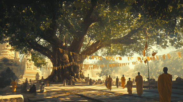 Serene depiction of sacred Bodhi Tree in Bodh Gaya with prayer flags and devotees