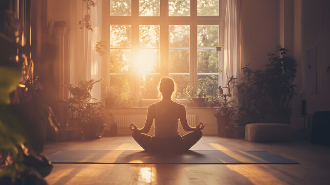 Serene room with yoga mat and person practicing guided meditation with soft light