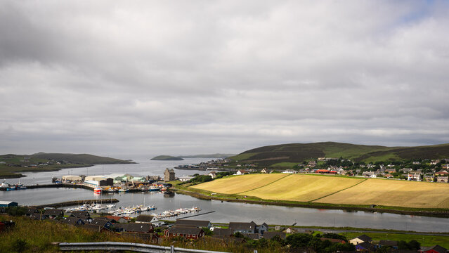 Looking down on the East Voe of Scalloway and  Scalloway Harbor, with Scalloway Castle in Shetland, Scotland, United Kingdom