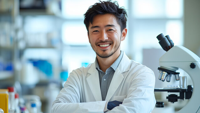 Asian Man Lab Technician - cientist, lab, microscope, laboratory, research, science, doctor, healthcare, professional, experiment, white coat, smiling, medical
