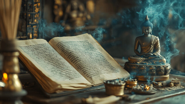 Serene setting of open Tripitaka manuscript with Pali text, incense, and Buddha statue