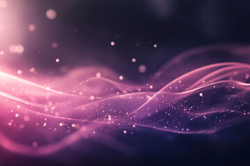 Fototapeta premium Flowing pink waves and sparkling particles float against a dark background, creating an ethereal and dreamy abstract design
