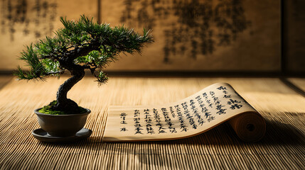 Tranquil image of Tao Te Ching scroll with Chinese characters on bamboo mat