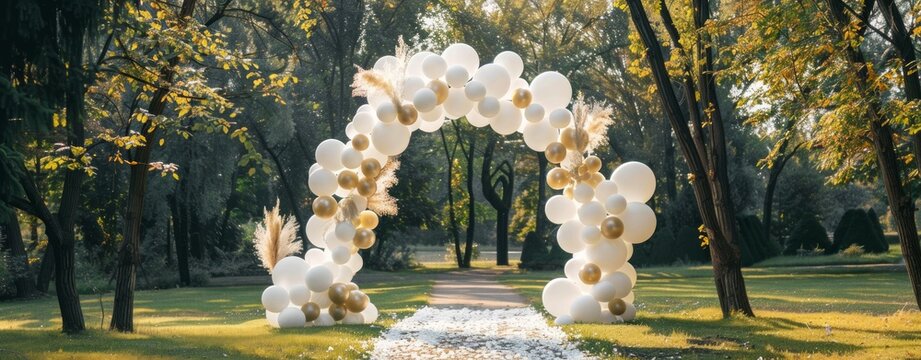 Stunning white and gold balloon arch set in a picturesque park with beautiful autumn foliage and a sunny ambiance.