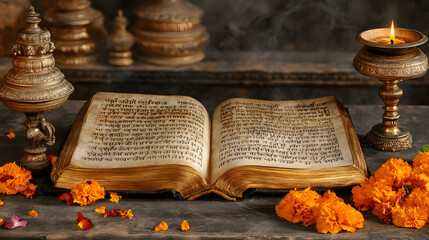 Open Vedas scripture with Sanskrit verses, lamps, and flowers