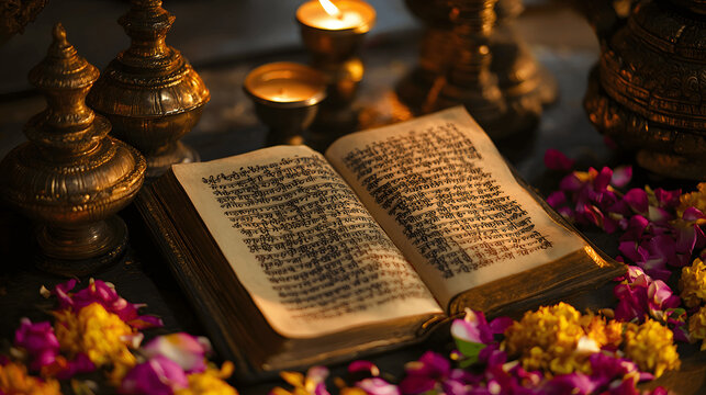 Open Vedas scripture with Sanskrit verses, lamps, and flowers
