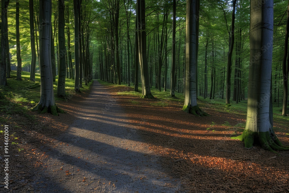 Poster path through sun-dappled forest with tall trees and sunlight filtering through canopies