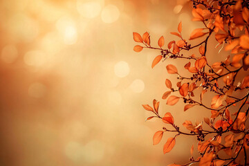 Fototapeta premium A branch with autumn leaves is captured against a soft, warm bokeh background, creating a serene and nostalgic atmosphere