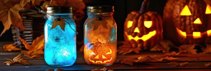 Naklejka premium Homemade illuminated Halloween mason jar centerpieces for table decor