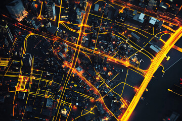 Obraz premium aerial night view of a city shows glowing yellow streets cutting through dark urban blocks, creating a vibrant and dynamic grid