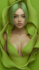 Fashion woman with green hair in green futuristic dress.