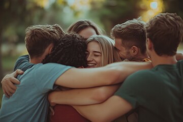 Fototapeta premium Friends Sharing a Warm Embrace in a Sunlit Park During Late Afternoon Gathering