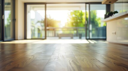 Unfurnished new apartment with wooden floor, blurry image