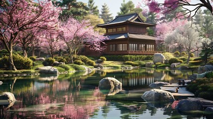 Fototapeta premium A peaceful Japanese garden in spring, featuring cherry blossoms and a traditional wooden house.