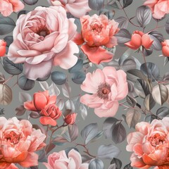 Flowers with a neutral color palette and soft pastel grey background. All over blooms botanical print for textiles and design. Poppy, roses, peonies, Sage green eucalyptus, poppy petals painted in