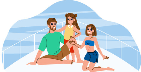 happy sailing family vector. summer kid, sail trip, beach sailboat happy sailing family character. people flat cartoon illustration
