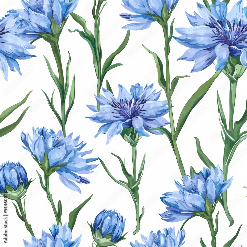 Wall mural Designed with watercolor chicory flowers seamless pattern