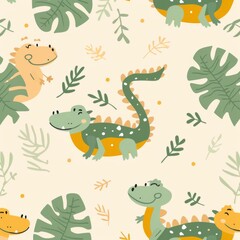 Fototapeta premium Safari alligator seamless pattern on yellow background. Cute pattern for kids, gender neutral.