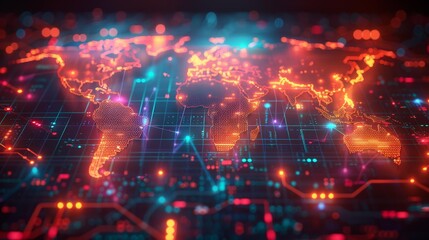 Obraz premium Digital world map with neon lights - generative ai