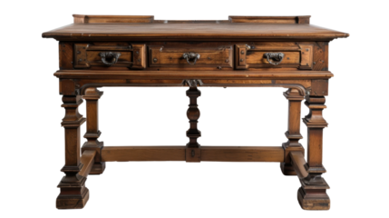 Old antique wooden writing desk on transparent background 