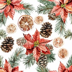 Flowing watercolor pattern of poinsettias, roses, gold pine cones and branches. Hand painted holiday flowers isolated on white background. Illustration for designing, printing or using as a