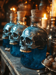 Gothic Still Life with Human Skulls, Ancient Books, and Mysterious Blue Bottle, Eerie and Macabre Dark Art for Horror and Fantasy Themes