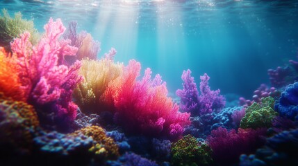 Vibrant Coral Reef Teeming With Marine Life Under Bright Sunlight in Tropical Waters