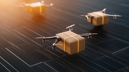 Fototapeta premium Solar-powered drones delivering packages, symbolizing innovation in logistics, copy space for text, flat design illustration, high-resolution photo, realistic photo
