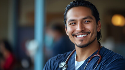 Fototapeta premium Native American Indigenous Man Nurse - doctor, smiling, male, professional, stethoscope, healthcare, medical, nurse, portrait, confident, scrubs, hospital, clinic, healthcare worker