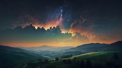 Fototapeta premium panoramic view of a serene valley bathed in the soft glow of twilight 687