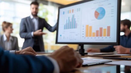 A businessman presenting financial charts and graphs to colleagues in a conference room. His team discussing a project plan or corporate strategy during a morning meeting.