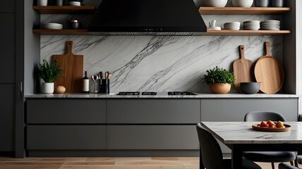 Front view of elegant interior with gray drawers under kitchen cabinet. empty wooden table and marble countertop in room. modern equipment for cooking. well organized space for storage food products