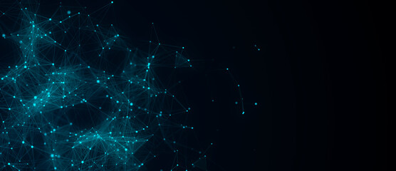 Network connection structure. Abstract blue background with moving dots, lines and triangles. Futuristic illustration. Digital technology design. 3d rendering