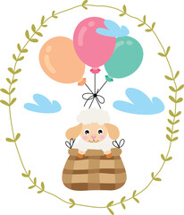 Cute sheep flying in basket with balloons inside a oval leaves border