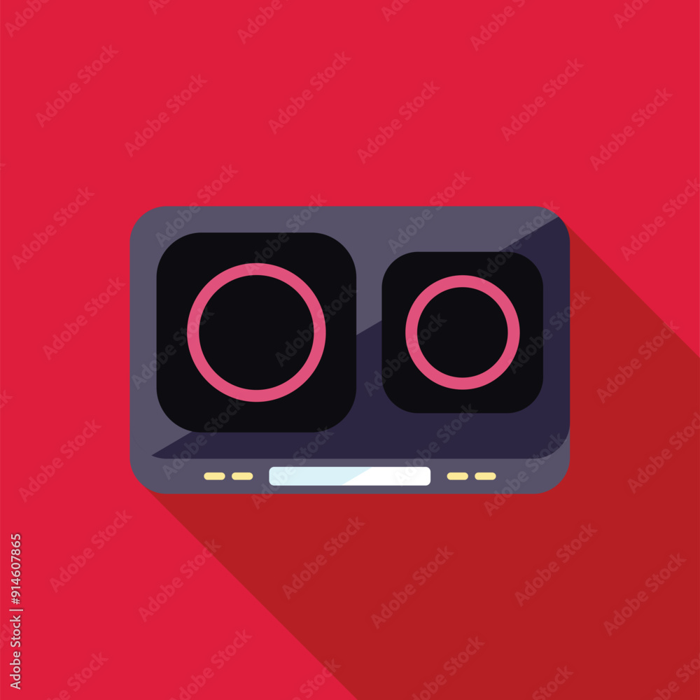 Poster modern induction cooktop with two burners and touch control panel is lying on red background
