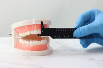 Simulated patient mouth in a surface and a precision measuring ruler in a professional wearing...