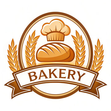 The image is a bakery logo featuring a loaf of bread and a chef's hat, surrounded by wheat stalks, with the word "BAKERY" prominently displayed on a ribbon.