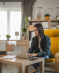 Adult young caucasian woman work from home and use laptop