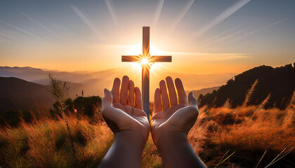 Hands raised in worship in front of a cross at sunset