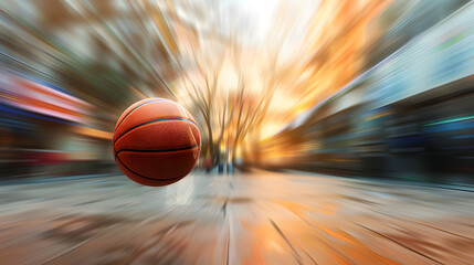 A basketball is rolling on a court