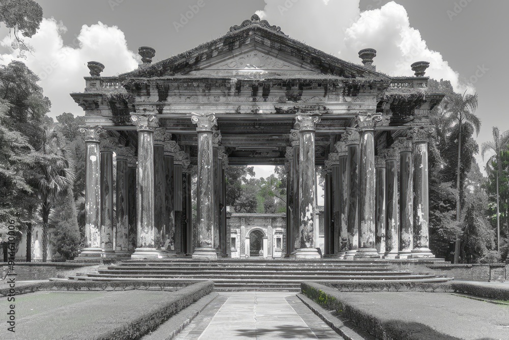 Poster ruins of a classical structure with a greenery pathway