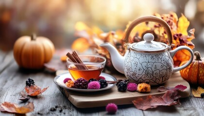 Fototapeta premium Fall tea time, vibrant colors, delicious drinks, cozy setting, inviting