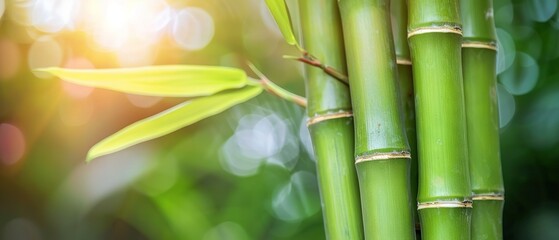 Obraz premium a bamboo plant in focus, with sunlight filtering through its leaves and a blurred background